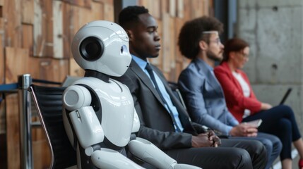 Poster - A robot is sitting on a chair in front of a group of people