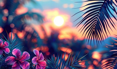 Evening landscape with palm trees and tropical flowers in neon lighting on sunset sky background