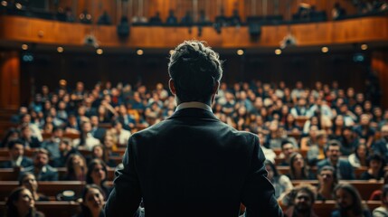 Rear view of a speaker motivating a team with an inspirational speech in a large auditorium