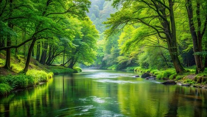 Wall Mural - Serene river flowing through lush green forest , nature, landscape, water, peaceful, tranquil, scenic, trees, foliage