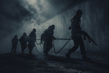a group of soldiers walking in the dark with chains