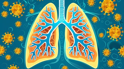 Human respiratory system with virus particles