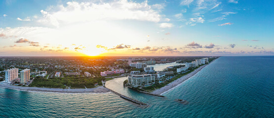 Wall Mural - Beautiful aerial panoramic shot of Boca Raton, Florida at sunset. Ocean and landscape.