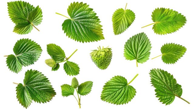 Collection of green strawberry leaves isolated on a white background