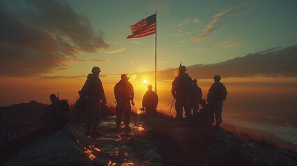 A group of uniformed US military personnel performing a flag-raising ceremony at dawn.