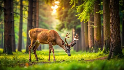 Wall Mural - A scenic image of a deer peacefully grazing in the lush forest , nature, wildlife, beautiful, peaceful, serene, tranquility, woodland