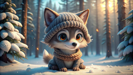 сute cartoon realistic character, cute little wolf cub, in a winter knitted hat, with big kind eyes with eyelashes, winter, light winter forest. On the right side of the photo