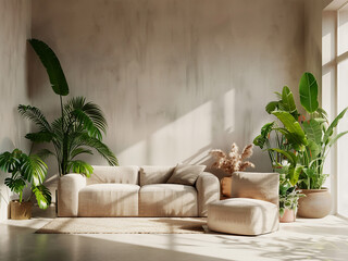 Wall Mural - Light-filled living area adorned with gray sofa, tables, and commode