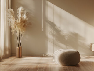 Canvas Print - Airy space with gray sofa, tables, and commode in light interior