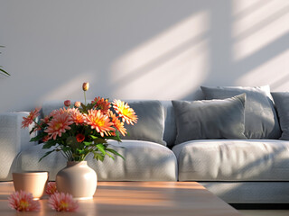 Canvas Print - A sleek gray couch and table define the modern aesthetic of the living space