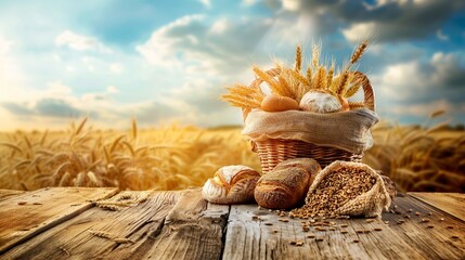 Fresh baked bread and wheat ear grains in basket on wooden table with background of golden wheat field