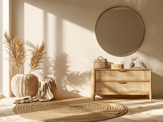 Wall Mural - Discover a room furnished with a chest of drawers and a stylish wicker carpet