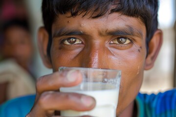 Young Asian boy drinking milk with focus on his eyes