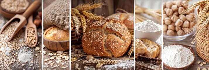 Photo collage of bakery healthy organic studio theme with bread, wheat grain, wheat ear, flour.