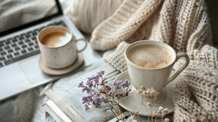 Cup coffee on the work table with laptop