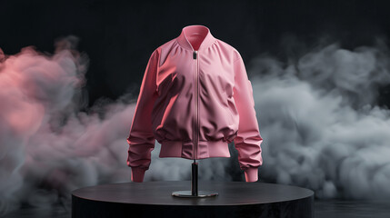 Wall Mural - Mock up Pink bomber jacket made on a podium, black background with smoke, Ai generated Images