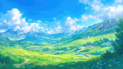 Wall Mural - rolling green hills lush meadows and towering mountains set against a backdrop of a vast blue sky sh
