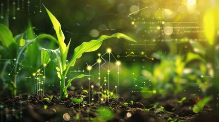 Smart farming is illustrated featuring the growth of corn seedlings accompanied by infographics emphasizing smart farming and precision agriculture