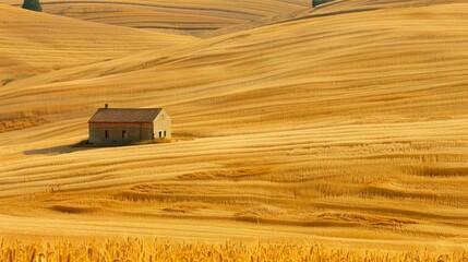 Wall Mural - Farm house over wheat field in farm land.