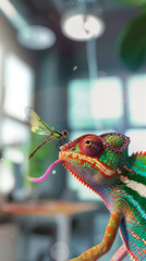 Wall Mural - A colorful lizard is holding a dragonfly in its mouth. The lizard is green and red with yellow spots. The scene is set in a room with a window and a potted plant