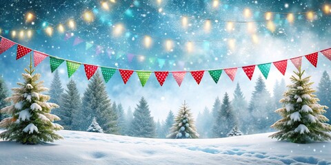 Wall Mural - A festive Merry Christmas banner hanging outdoors in a snowy winter landscape , holidays, celebration, seasonal, winter, outdoors