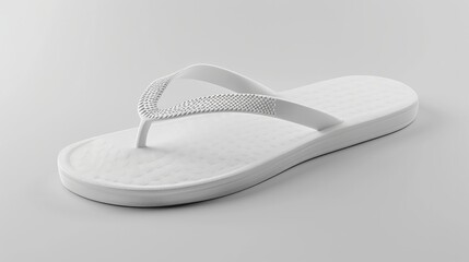 A 3D rendering presents a mockup of blank white beach slippers from a side view isolated These empty flipflop rubber sandals are ideal for summertime vacation ready for branding or