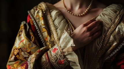 Close-up of a woman in a traditional Italian Renaissance gown, rich fabrics, classical art style, warm tones, space for text on the right,