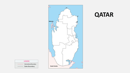  Qatar Map. States map of Qatar. Political map of Qatar with outline and black and white design.