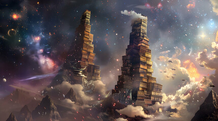Wall Mural - A celestial library with towering stacks of ancient tomes and shimmering crystal archives, floating among the stars beneath a sky adorned with cosmic knowledge clouds