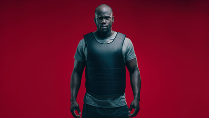 black man wearing bulletproof vest on red background