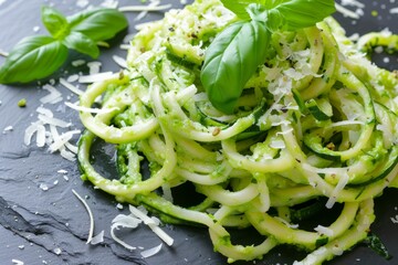 Wall Mural - Fresh zucchini noodles with basil and parmesan on dark background