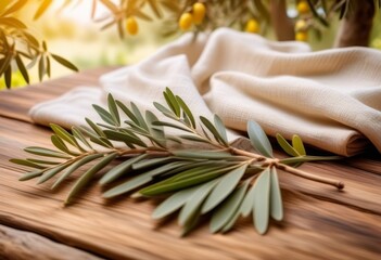 Poster - An outdoor scene with a wooden table, olive tree plant, and cloth draped over it