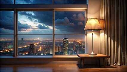 Wall Mural - Cozy evening room with lamp on window top overlooking night city buildings , cozy, evening, room, lamp, window, view, city, buildings