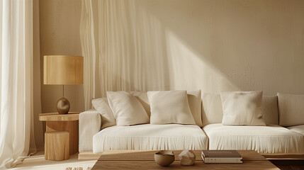 Wall Mural - Serene Minimalist Living Room with Textured Linen Sofa and Antique Bronze Lamp in Neutral Tones