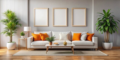 Modern living room with empty vertical picture frames, white sofa, orange pillows, and plants , Interior design, wall art