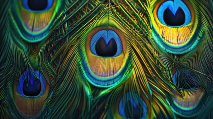 Wall Mural - Peacock feather texture, vibrant blue and green hues with eye patterns, detailed close-up, Photorealistic