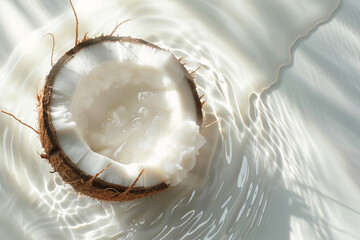 A broken piece of fresh coconut with water inside close-up on a light background with space for text or inscriptions
