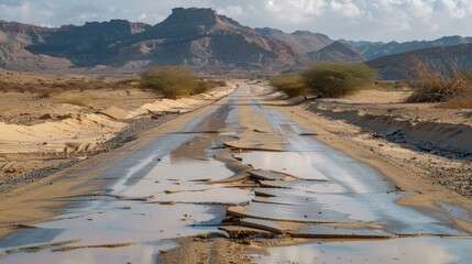 Poster - A road with a lot of potholes and water on it