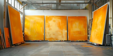 Vibrant yellow hues in a Berlin loft art studio with large canvases. Concept Berlin, Loft, Art Studio, Yellow Hues, Large Canvases