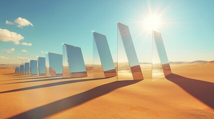 Wall Mural - A sequence of sharp, angular 3D prisms casting long shadows on a sandy desert floor, under the high noon sun.