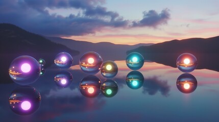 Wall Mural - A serene landscape of floating crystal spheres over a mirror-like lake during twilight, each sphere encasing a different colored light.