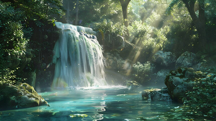Wall Mural - Concealed within a dense jungle, a hidden waterfall cascades into a tranquil pool, its waters imbued with mystical properties in a fantastical world