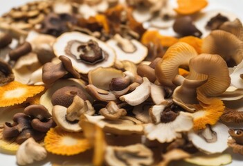 Wall Mural - A plate filled with a variety of dried mushrooms, such as shiitake, porcini, and oyster mushrooms