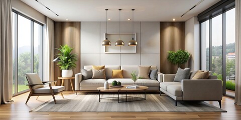Sticker - Modern living room with minimalist design and neutral color palette, interior, room, design, modern