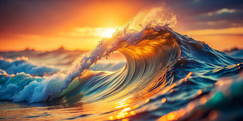 Wall Mural - The golden sunset casts a warm light on the rolling ocean waves, the light refracting and sparkling on the surface of the water. The dynamic ridge of the wave is located in the middle of the break.AI 