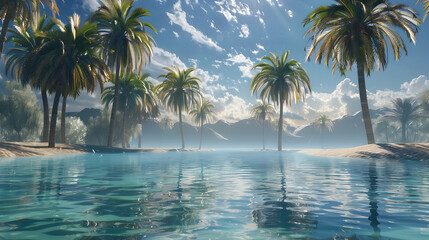 Lost within the arid vastness, a secluded oasis emerges, palm trees swaying gently amidst the shimmering waters that offer respite from the desert's relentless embrace