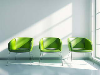 Wall Mural - Furnish your luminous waiting room with three green seats for a refreshing touch