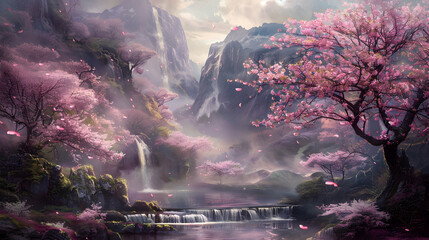Wall Mural - Within a hidden valley, cherry blossoms bloom in abundance, their delicate petals adrift in the wind in a fantastical landscape