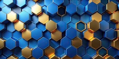 Wall Mural - Abstract blue and gold hexagons blending seamlessly, symbolizing digital elegance, Technology, Integration, Harmony