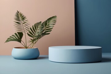 Wall Mural - Abstract minimal scene with round podium and leaves on blue background. generative ai